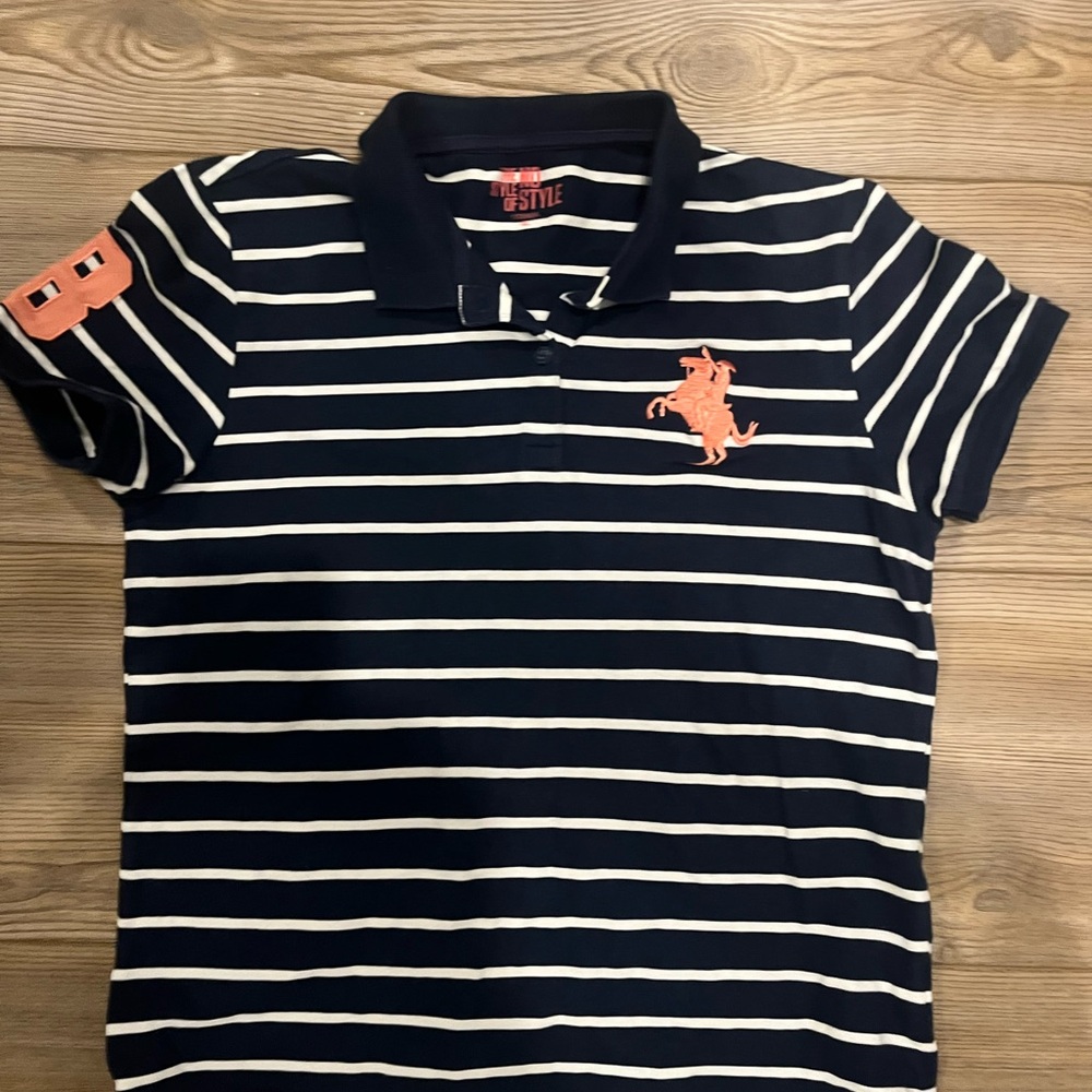 U.S. Polo Assn. Navy and White Striped Polo with Orange Logo